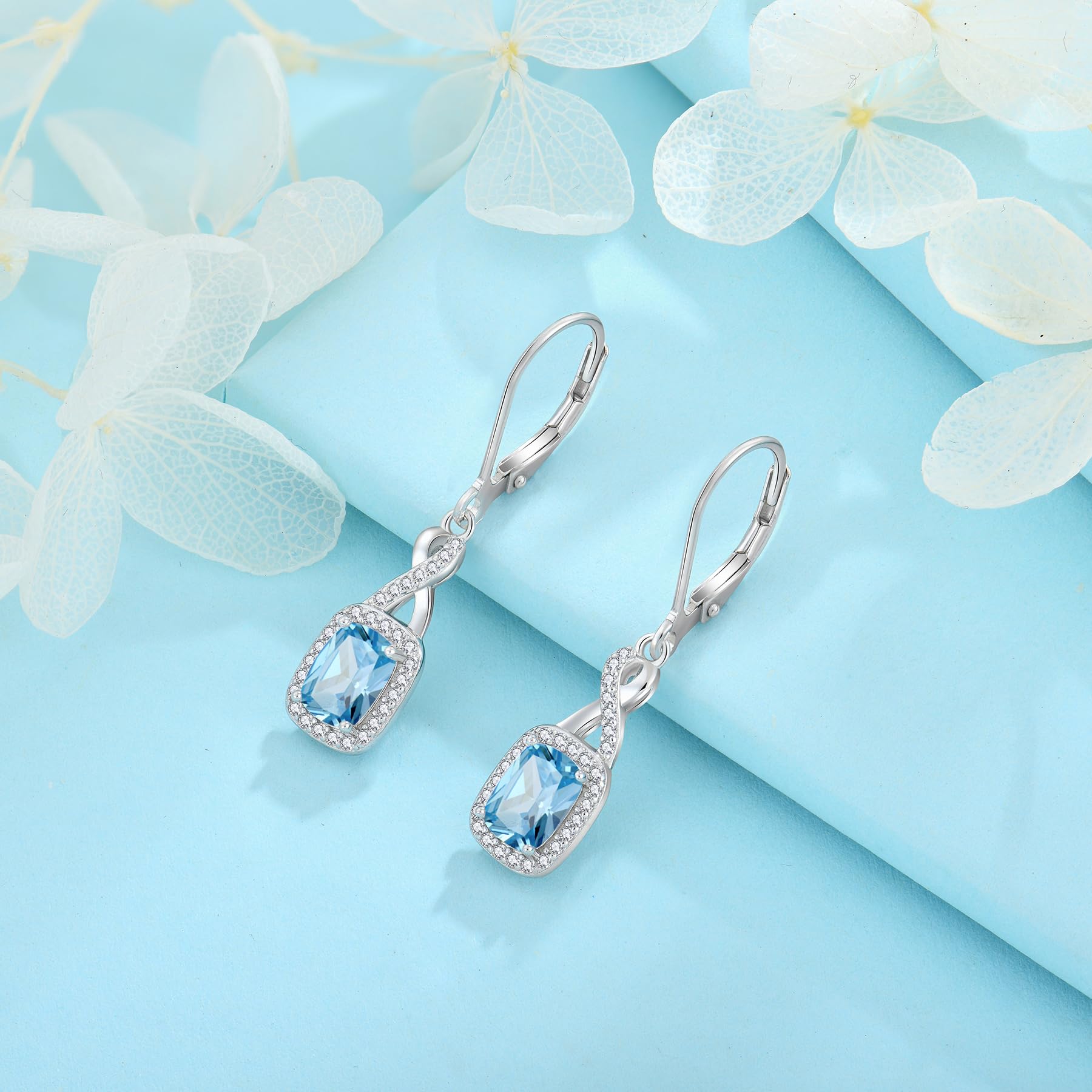 FJ Pendientes Colgantes Infinito Plata de Ley 925 Pendientes Piedra de Nacimiento Corte Princesa Cuadrados Joyas para Mujer