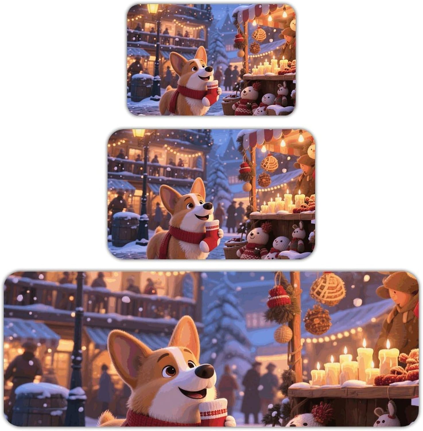 Corgi in Snow Kitchen Mats for Floor 3 Pcs Kitchen Rugs