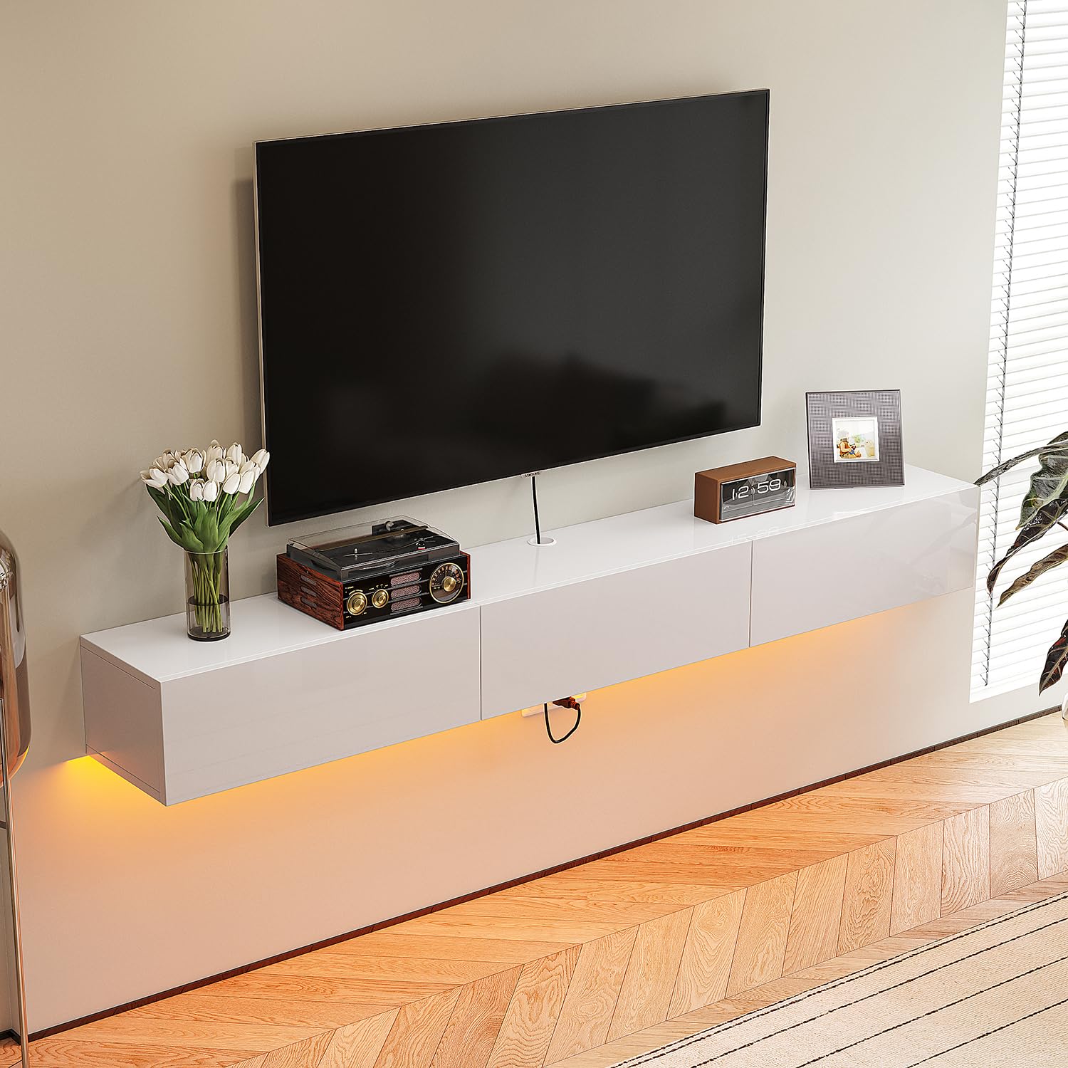 FurniNova Floating TV Stand with 3 Doors, Modern Floating TV Console Cabinet with Storage, Plywood Floating TV Shelf, Wall Mount TV Stand with Cable