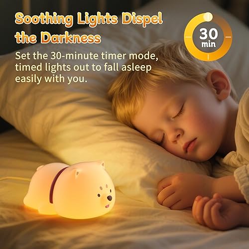 Miniatura 2 de Linda luz nocturna de cachorro para bebés y niños, luz nocturna recargable con control táctil con 3 brillos, luz cálida, temporizador y silicona
