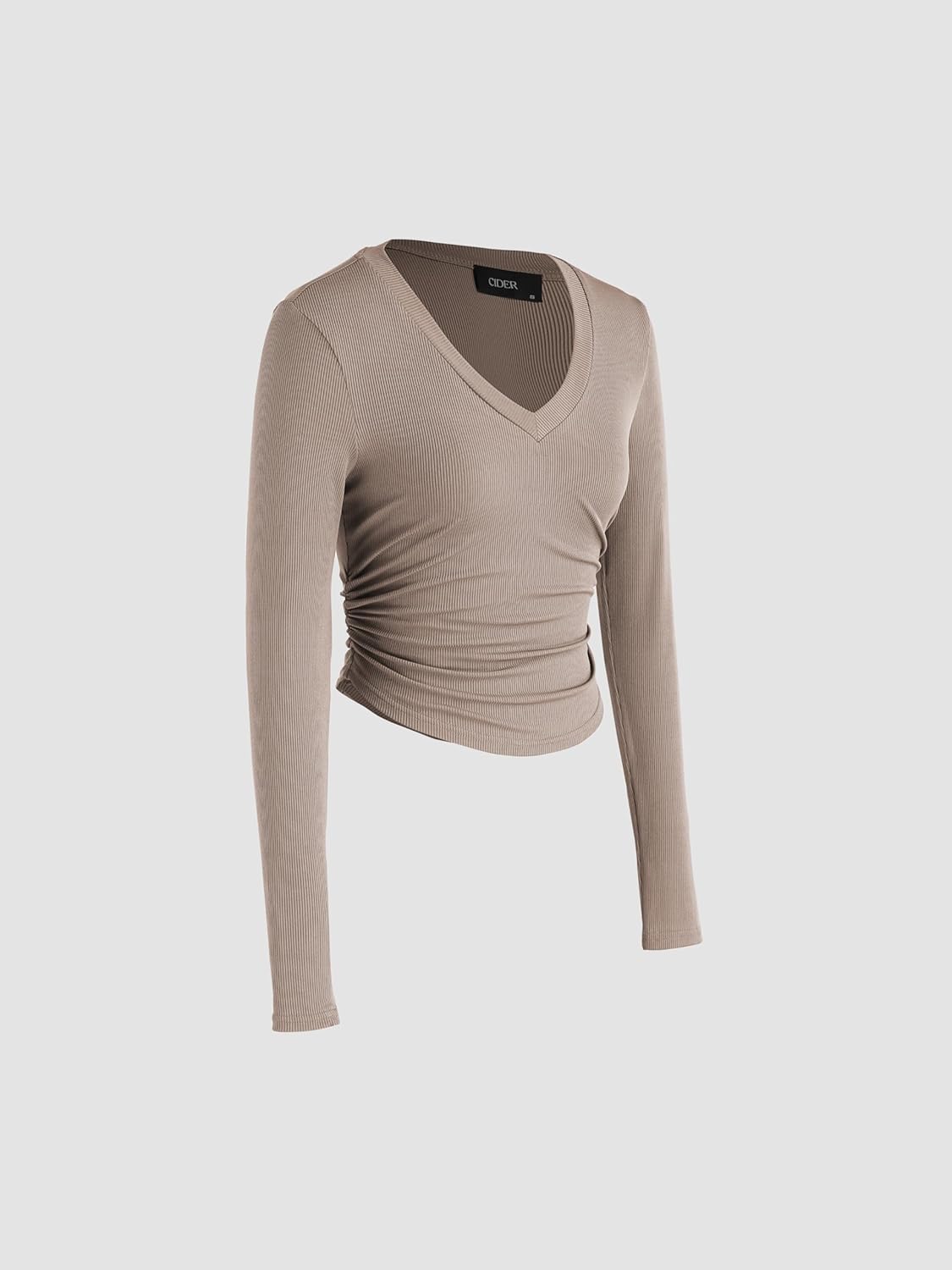 CIDER Women's Long Sleeve Tops V Neck Ruched Crop Top Solid Rib Shirts Basic Tee for Spring Fall - Image 2