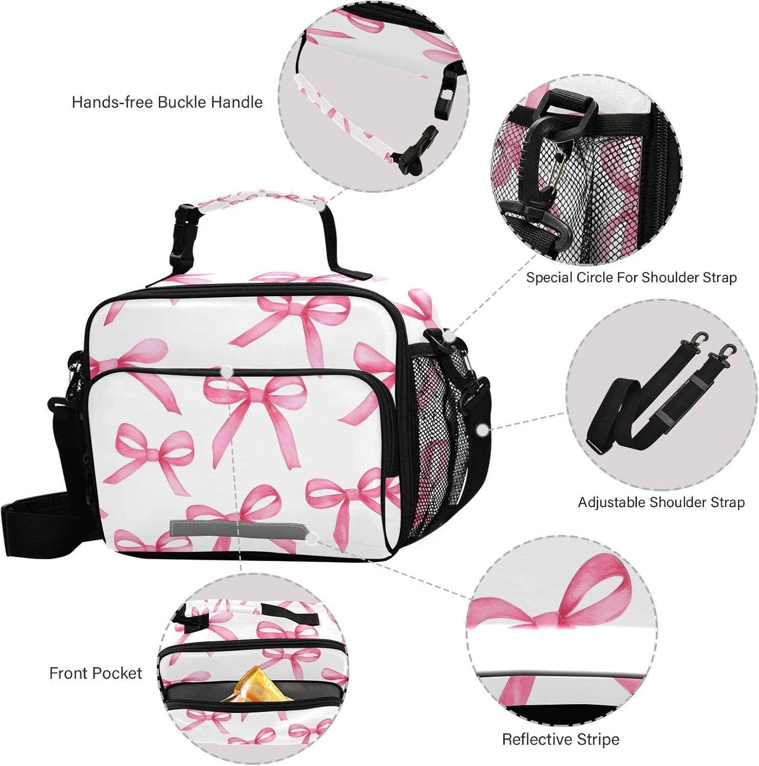 ALAZA Pink Bows Girls Lunch Box Kids Lunchbox Insulated Reusable Meal Container Lunchbag with Shoulder Strap - Image 3