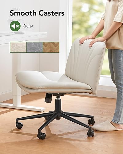 Miniatura 5 de Marsail Silla de escritorio de oficina sin brazos con ruedas, silla ancha de piel sintética con patas cruzadas, cómodas sillas giratorias ajustables