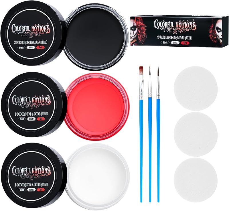 Kit de pintura facial, kit de maquillaje profesional a base de agua para Halloween, negro, rojo y blanco, con 3 esponjas y 3 pinceles para maquillaje de payaso de Halloween, cosplay, disfraz, efecto especial SFX, fiestas temáticas