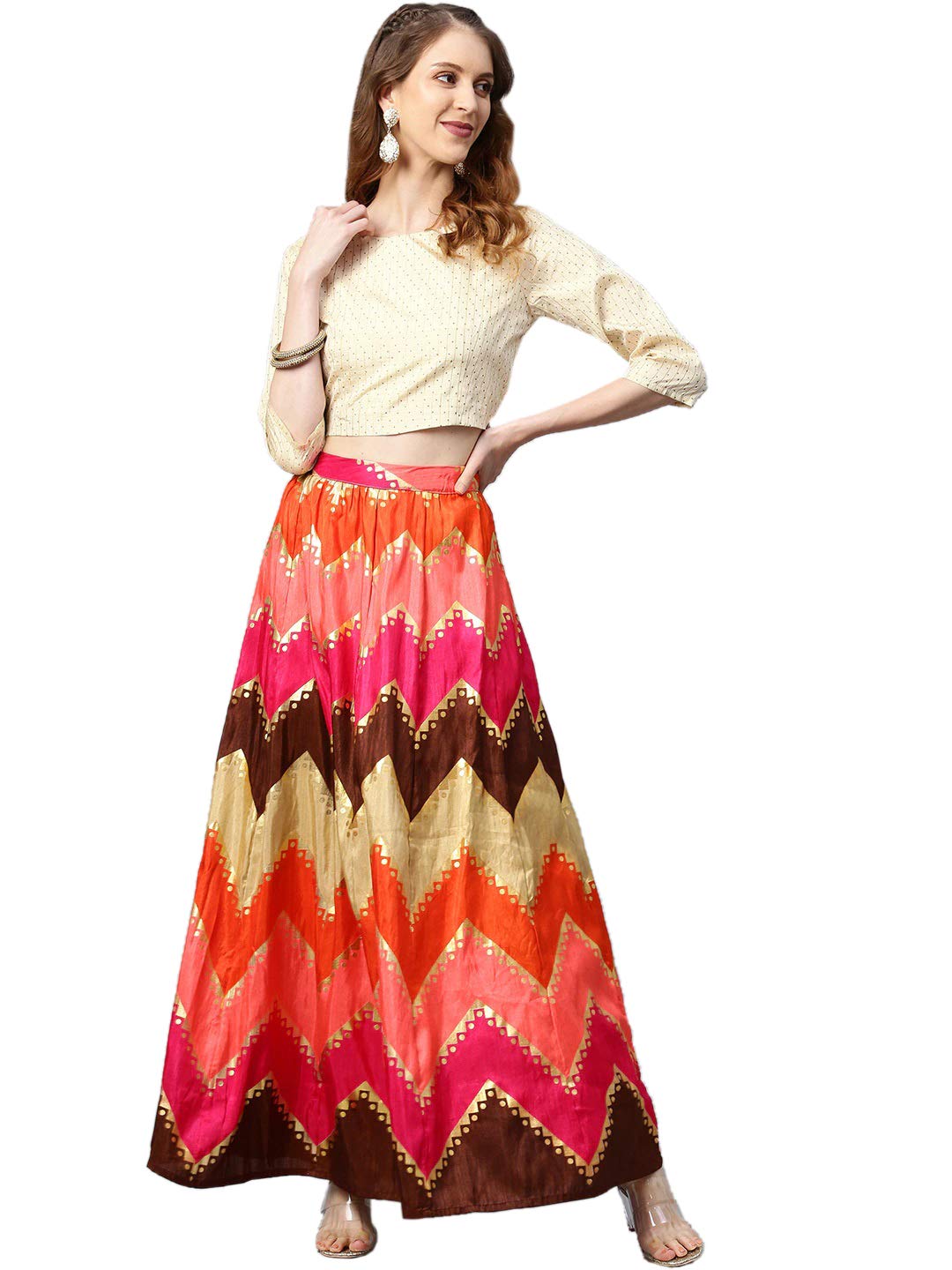 juniper Mustard Taffeta Silk Foil Print Lehenga Choli Set-picture-40