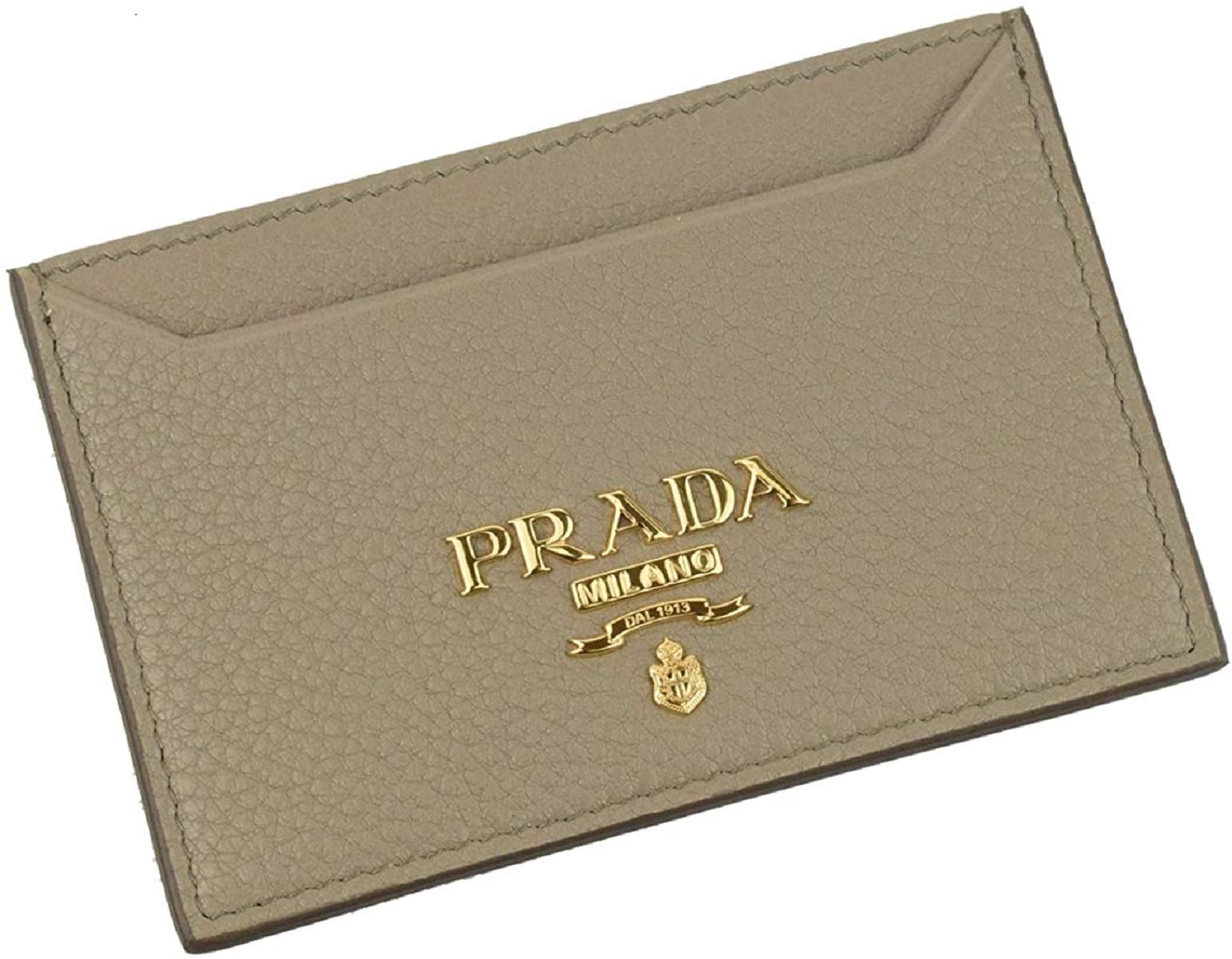 Prada Argilla Grey Vitello Grain Leather Small Card Holder Wallet with Gold-Tone Logo Plaque Two Card Slots Middle