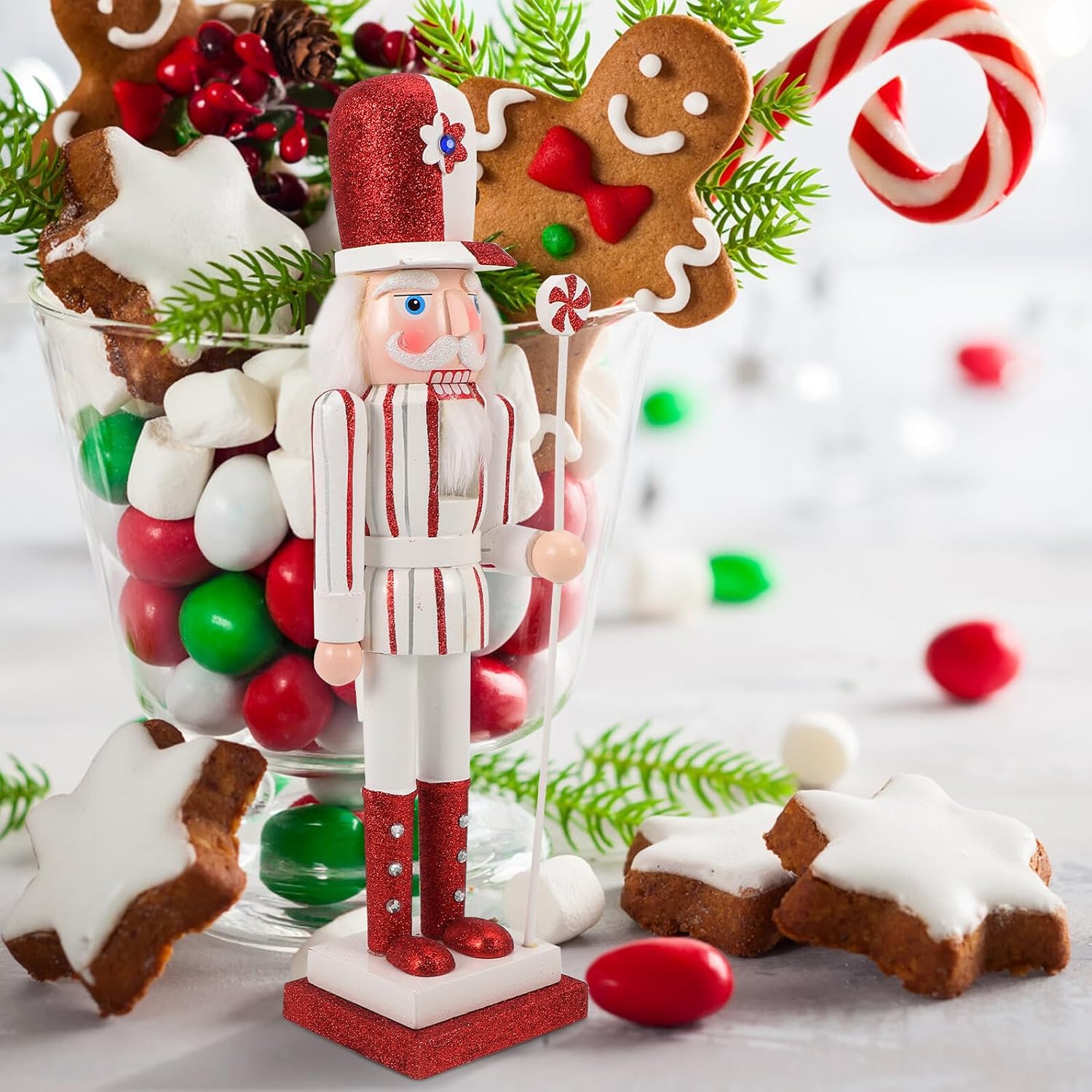 Hemoton Christmas Wooden Nutcracker Puppet 38cm Hand-Painted Candy Design Decorative Figurine for Xmas Tabletop and Holiday Party Supplies