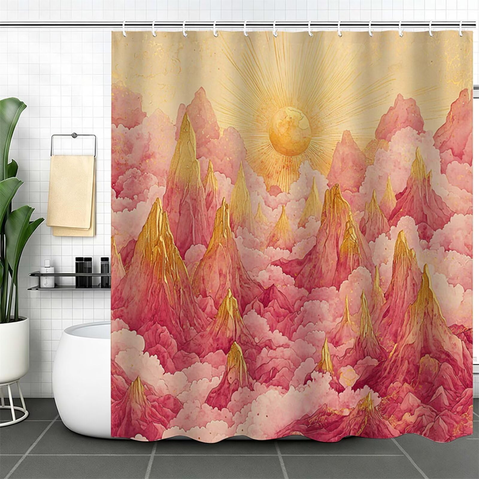 rose clair Rideau Douche 150x200cm Polyester Lavable en Machine Imperméable Rideaux de Douche sommet montagne avec œillets et 12 Crochets, Ourlet Lesté, pour Salle Bain Domicile Baignoire Cabine J-671