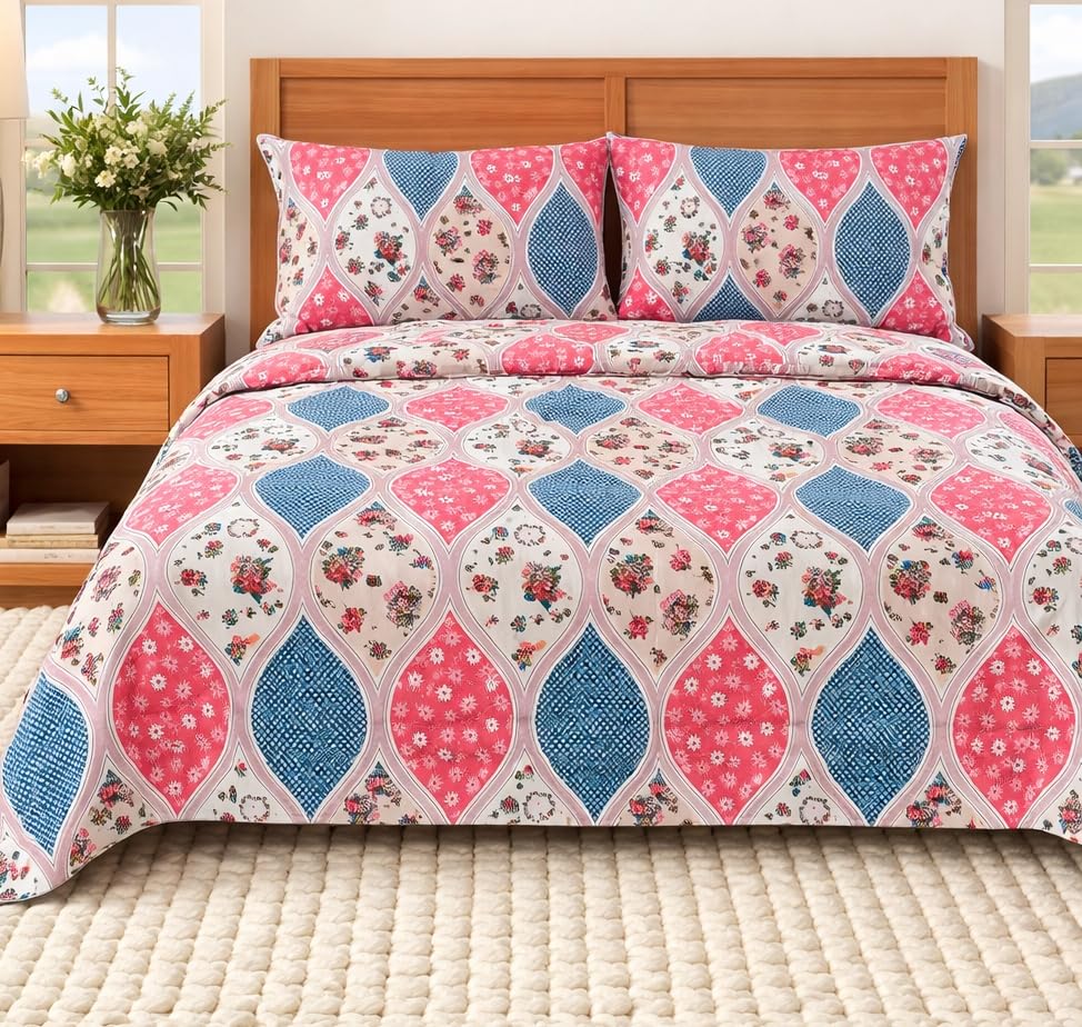 Image of BEVI - Home Super Fabric 300 TC Microfiber Double King Size Bedsheet Without Pillow Cover - Printed Bedsheet Size (90x95) (Pink Lotus, Without Pillow Double)