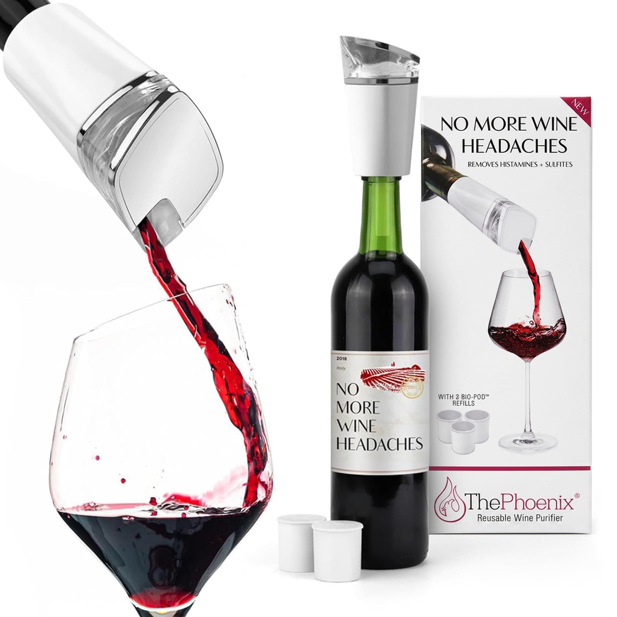 PureWine Phoenix - Kit per purificare il vino, ecologico, portatile, riutilizzabile e aeratore, rimuove istamina e solfito, purificatore e migliora il gusto