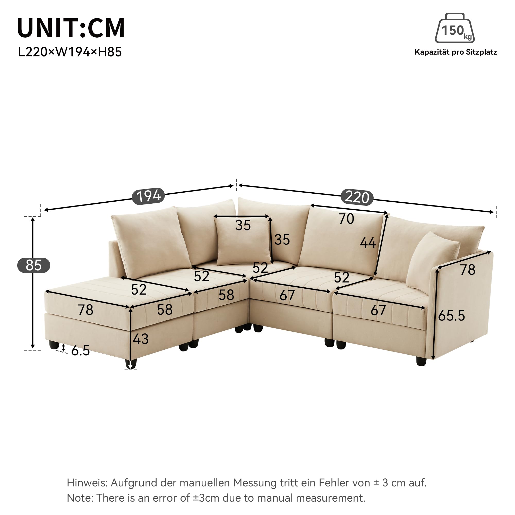 Divano moderno ad angolo, 220x194x85cm, divano a 5 posti, divano a L con poggiapiedi trasformabile e 2 cuscini, a righe verticali, divani combinato,sofa,Beige