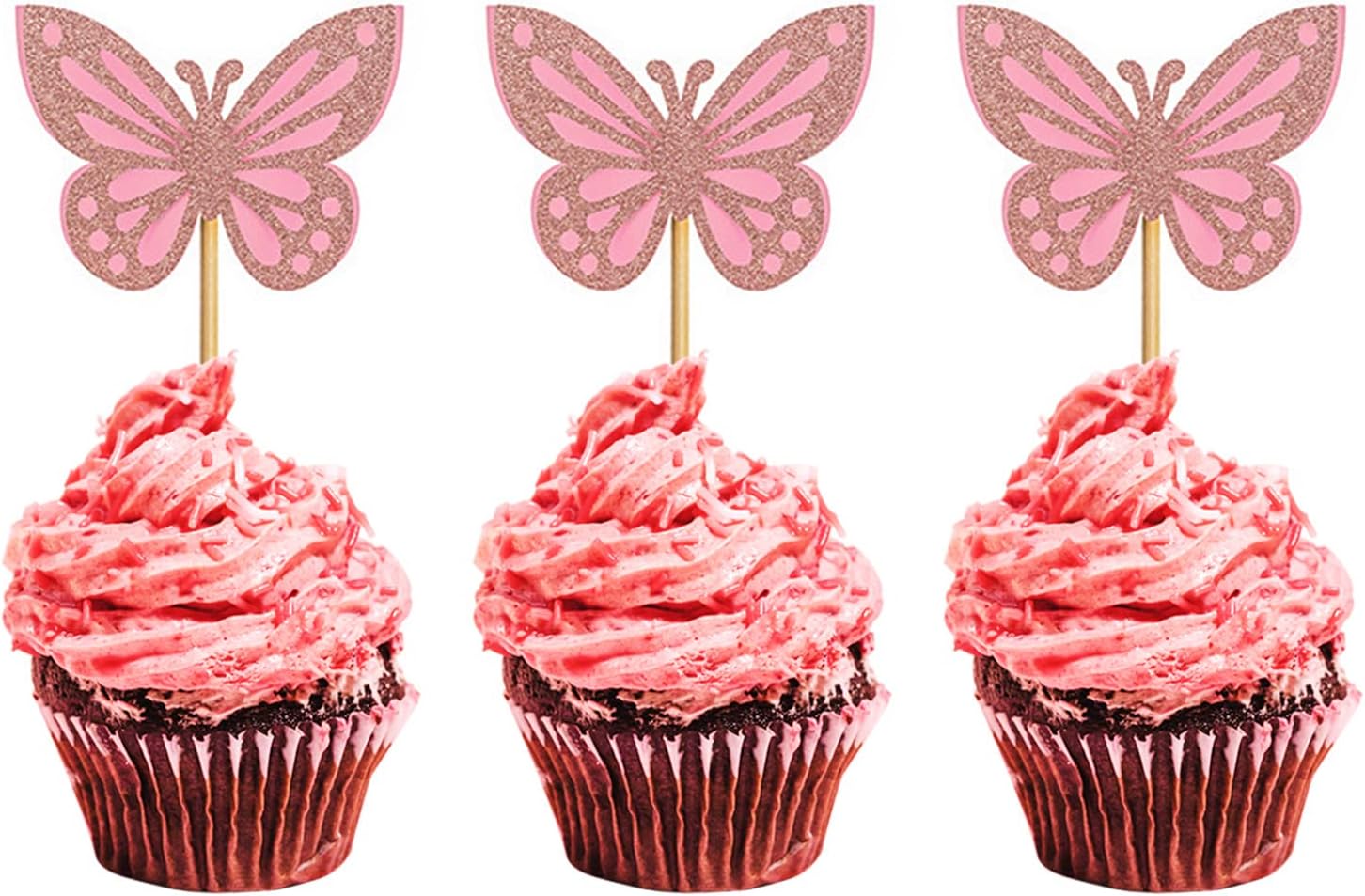 36 PCS 3D Double Layer Pink Glitter Butterfly Cupcake
