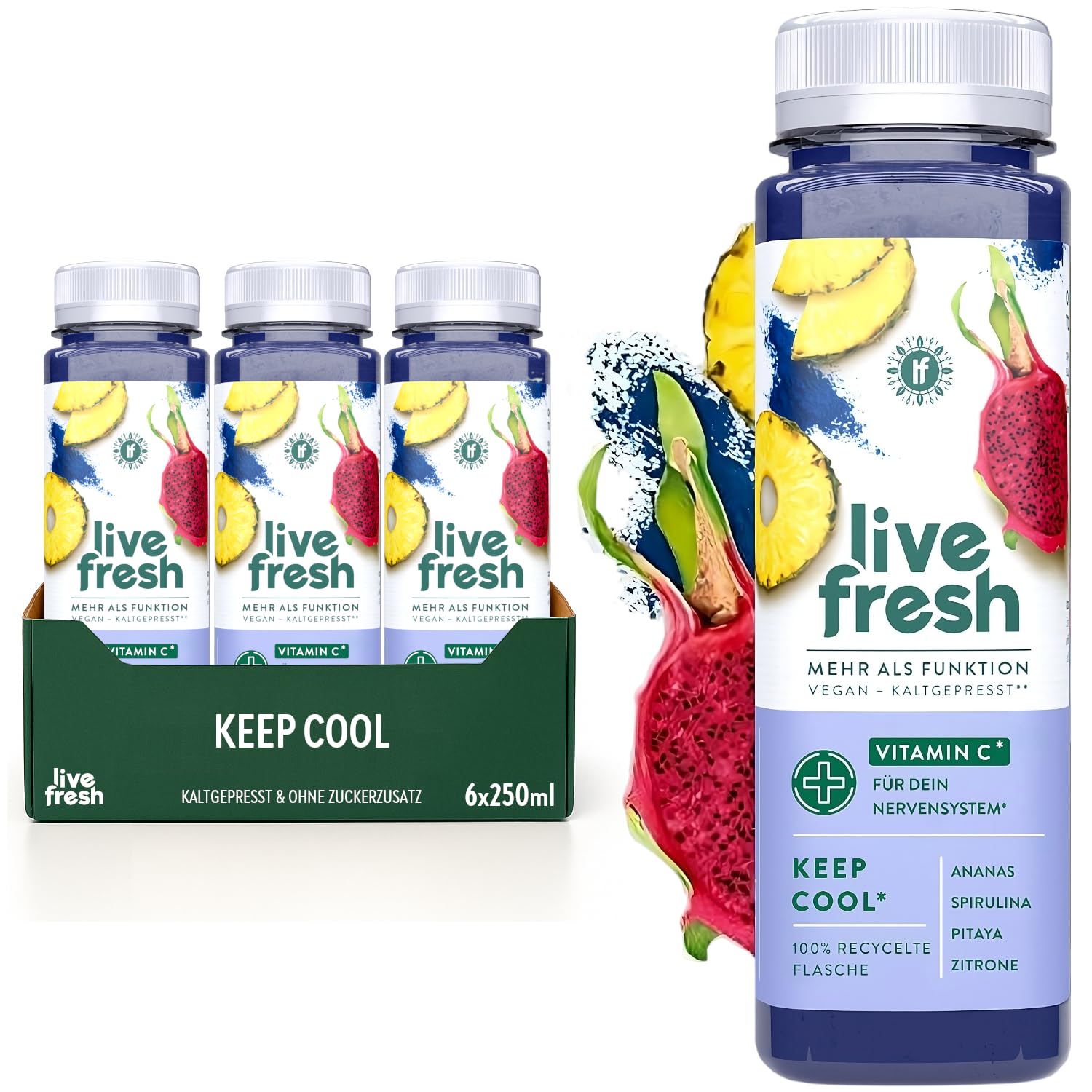 LiveFresh Vitamin C Saft 6x250ml mit Spirulinapulver Vegane Fruchtsäfte ohne Zuckerzusatz