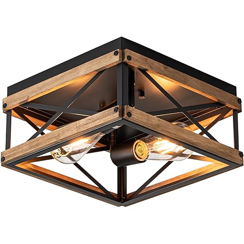 Mayful Black Flush Mount Ceiling Light, 2-Light Rustic Farmhouse Fixture with Metal & Wood Frame, Dimmable Close-to-Ceiling Lighting for Kitchen Bedroom Living Room Hallway Entryway