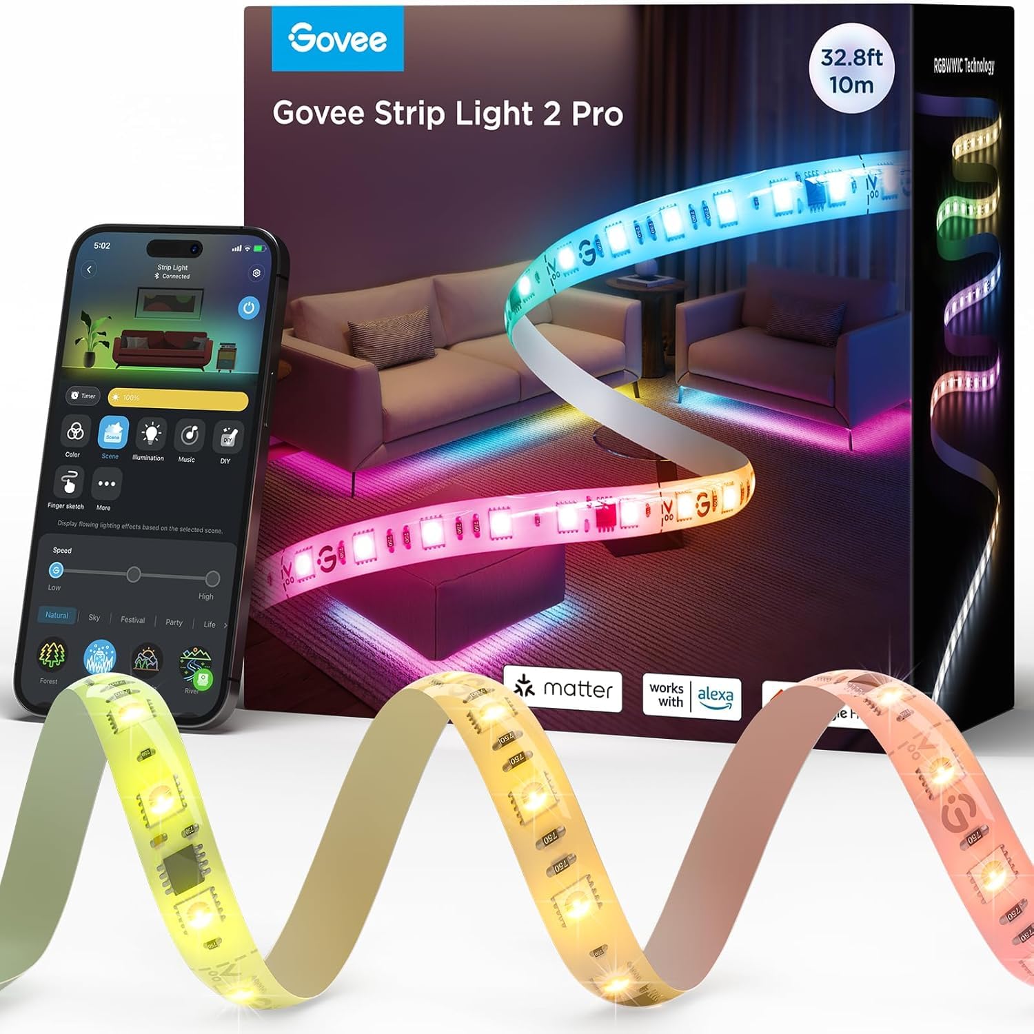 Govee LED Strip Light 2 Pro 10m, Smart RGBIC mit weißes Licht, LED Streifen Funktioniert mit Matter und Google Assistant, DIY-Farbe, App-Steuerung mit Musik Sync, für Wohnzimmer Schlafzimmer