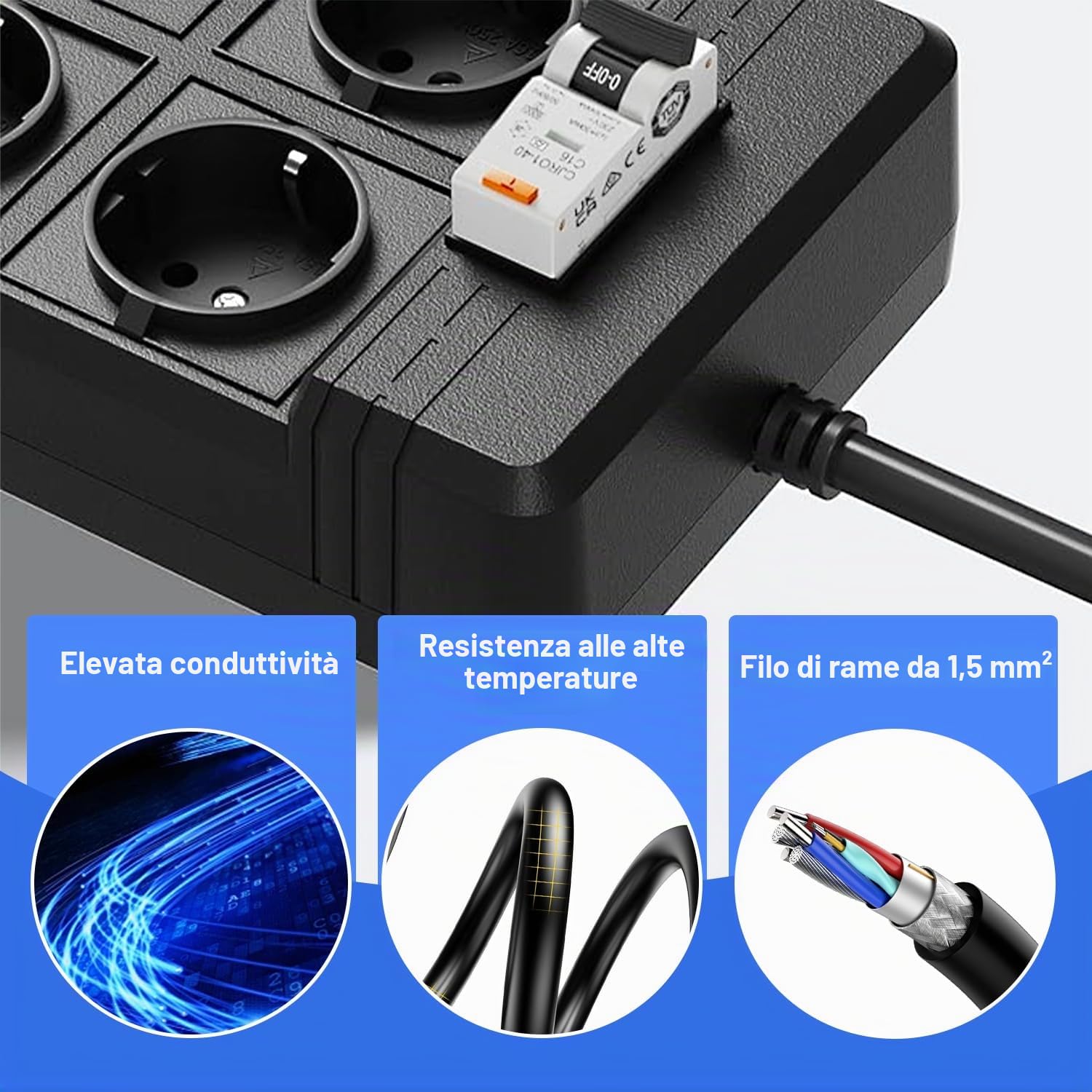 Ciabatta Multipresa RCD con Interruttore Salvavita Integrato, 4 Prese Ciabatta Elettrica, Cavo 3 Metri, 4000W 16 A con Protezione da Sovratensioni, per Elettrodomestici, Utensili, Ufficio (Nero)