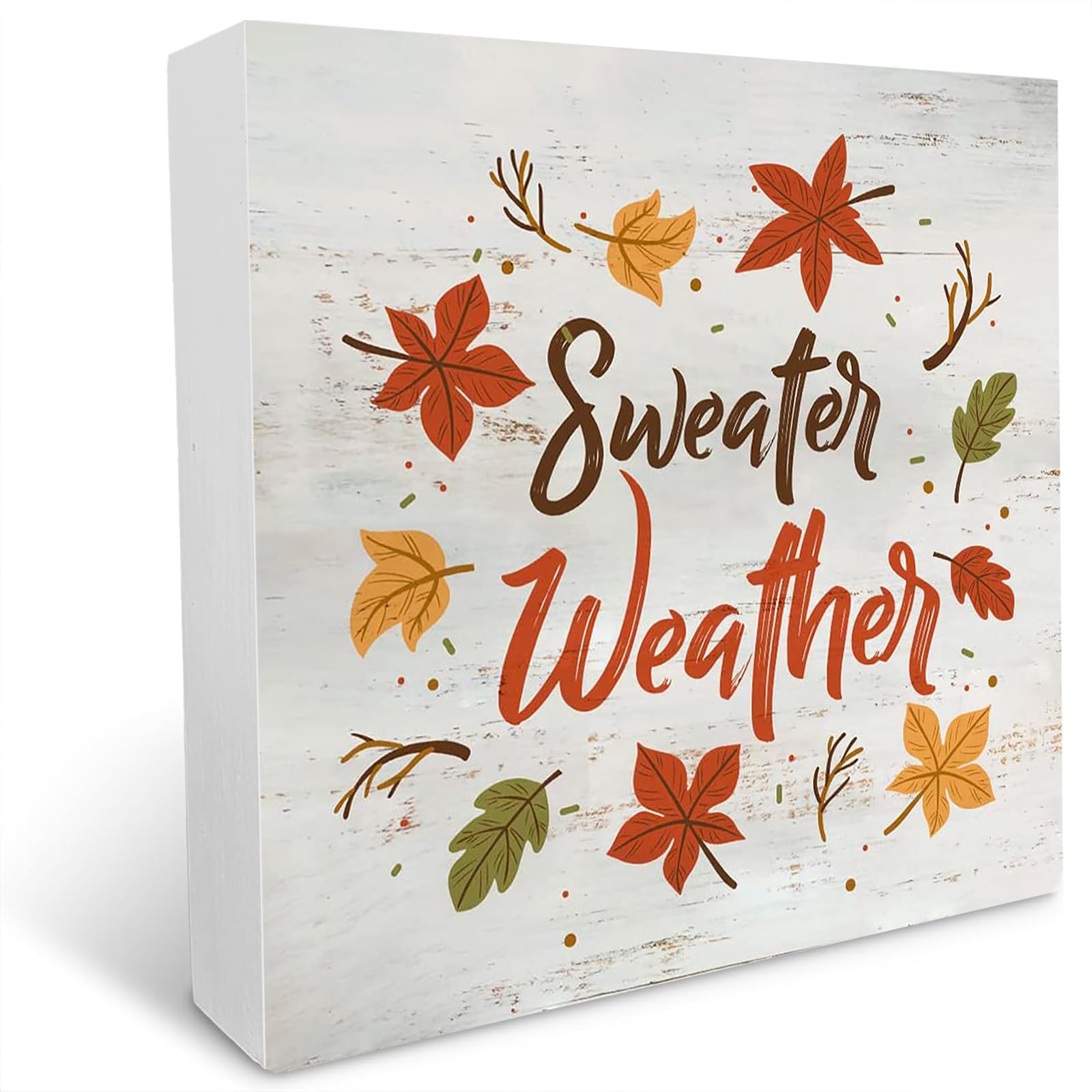 Rustic Sweater Weather Wood Box Sign Fall Autumn Wooden Box Sign Farmhouse Home Desk Shelf Decor (7x7 Inch)