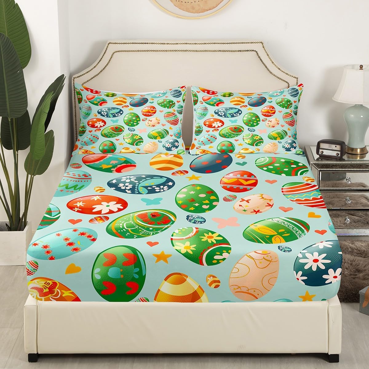 Easter Eggs Decor Kawaii Bedding Sets Full,Rainbow Easter Egg Bed Sheets Multicolor Boho Floral Fitted Sheet,Watercolor Flowers Cute Room Decor Easter Decorations for The Home