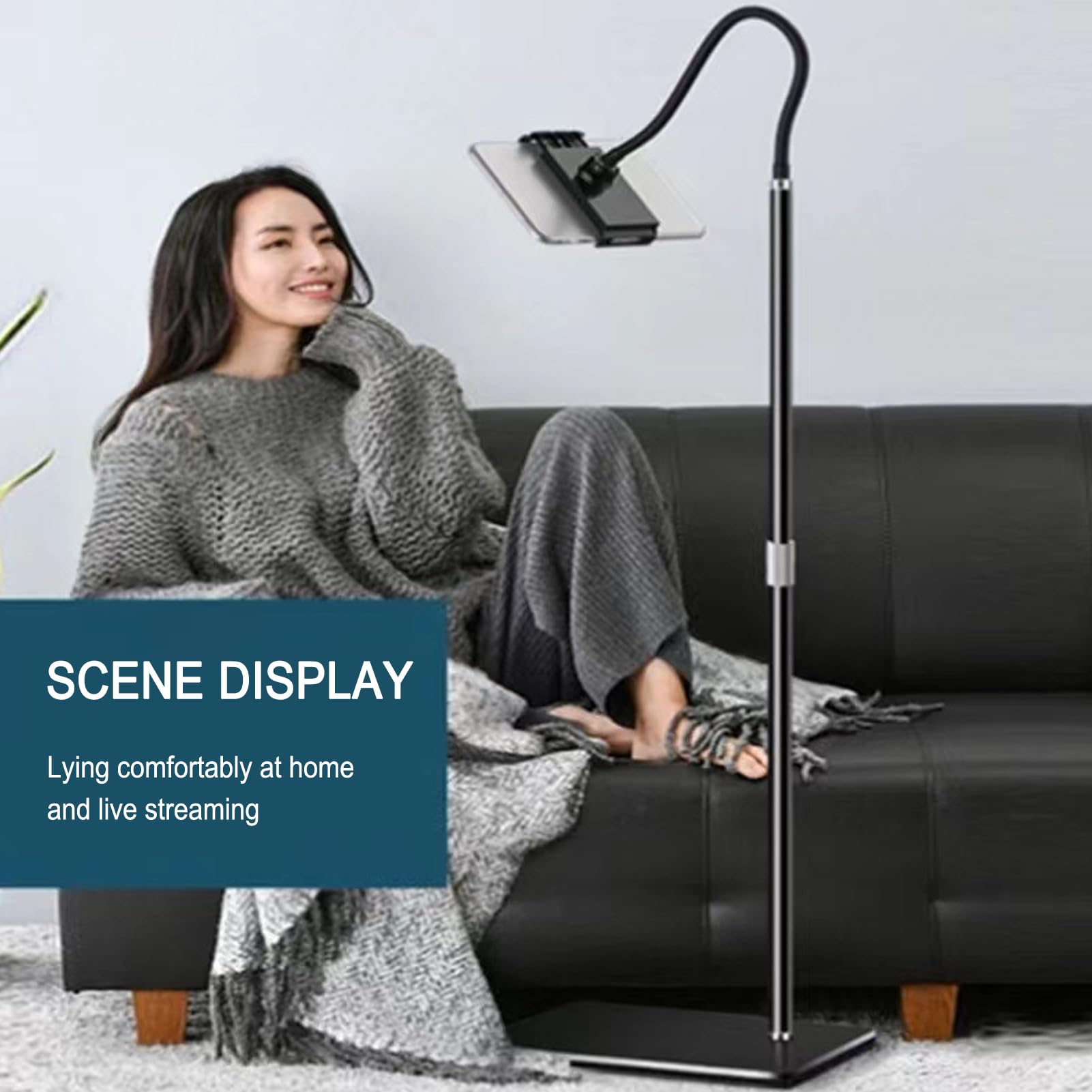 Soporte de suelo para tableta, altura y ángulo ajustables, base estable, manos libres para tabletas y teléfonos celulares
