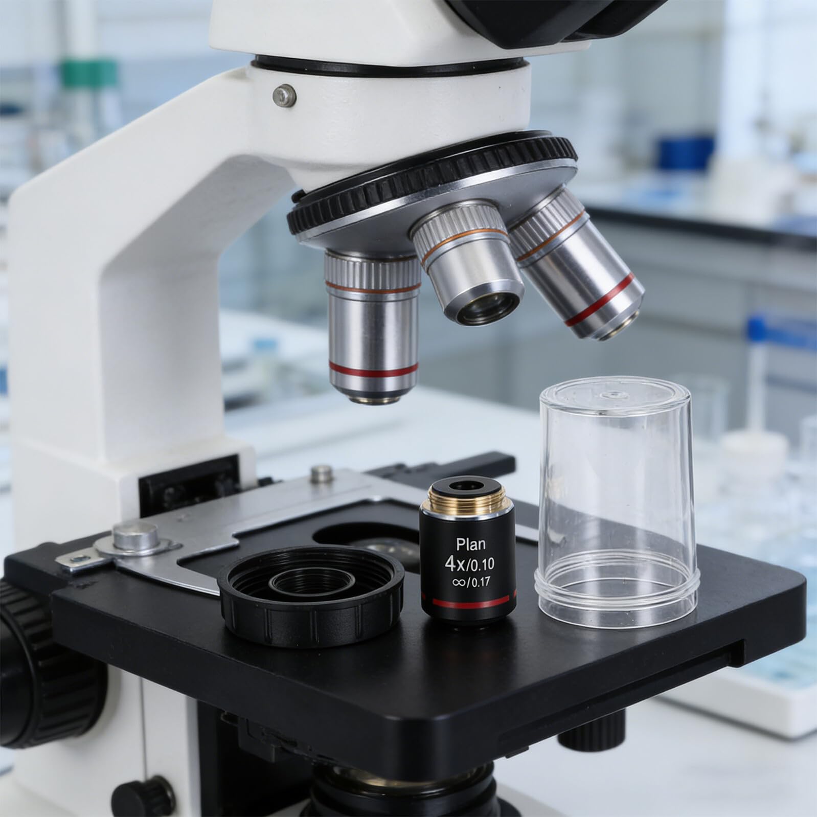 SHERCHPRY Objectif de Microscope Biologique 4X Plan Corrigé, Lentille Claire sans Distorsion, Compatible Microscopes Composés, Revêtement Anti-Huile pour Analyse Précise en Laboratoire
