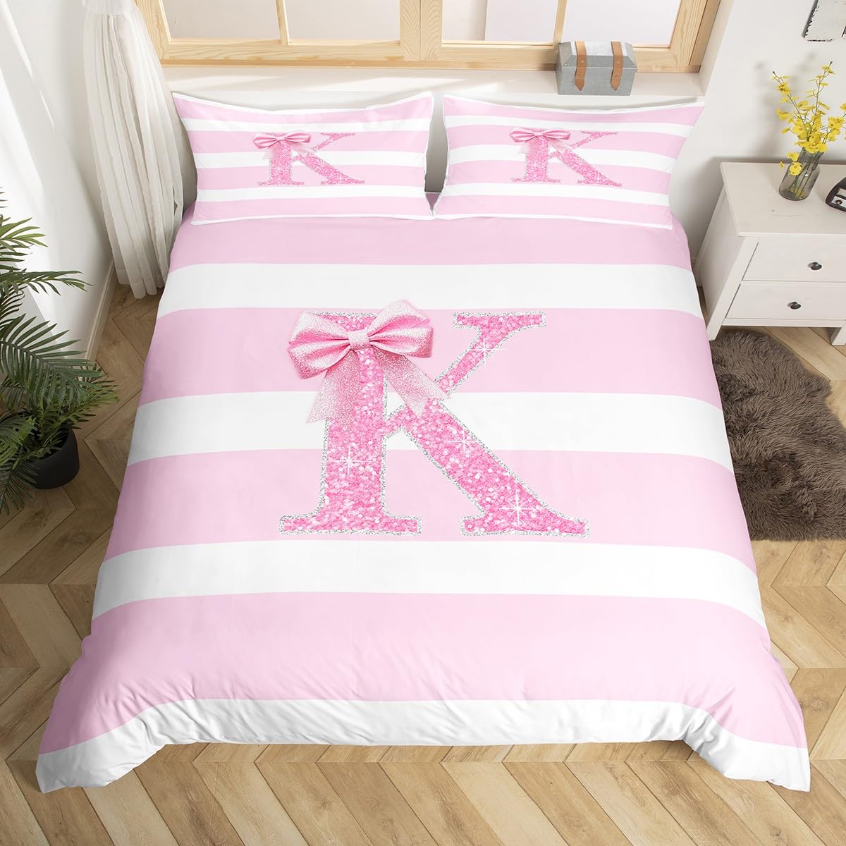 Homewish Kawaii kokarda dziewczęca poszewka na kołdrę rozmiar king size monogram litera K poszewka na kołdrę dziewczęca różowa kokardka zestaw pościeli dla dzieci dzieci kobiet dekoracja sypialni