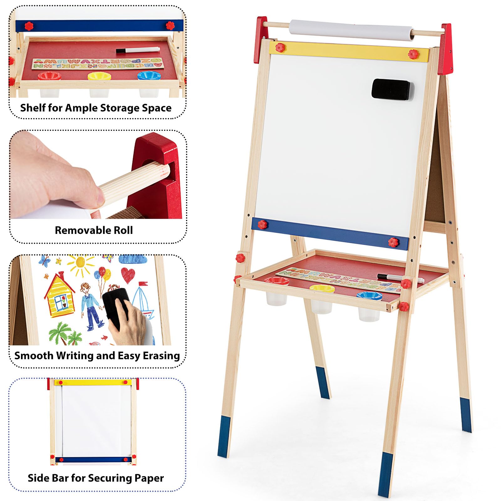 HOMASIS 3 in 1 Lavagna per Bambini con Rotolo di Carta, Cavalletto Pittura Bambini con Lavagna Doppia Faccia, Altezza e Ripiano Regolabile, Struttura in Legno di Pino, 60 x 55 x 112,5-124,5 cm