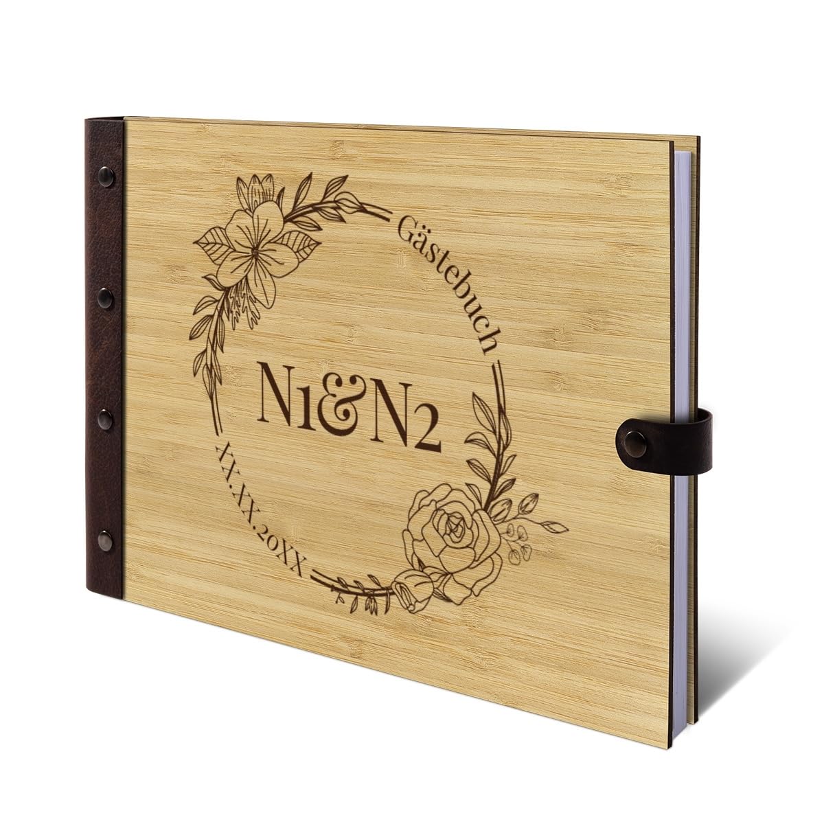 Personalisiertes Hochzeit Gästebuch echtes Holz DIN A4 Hochzeitsbuch mit Lasergravur - Blumen Initialen - mit 72 Blatt / 144 Seiten Naturpapier Weiß