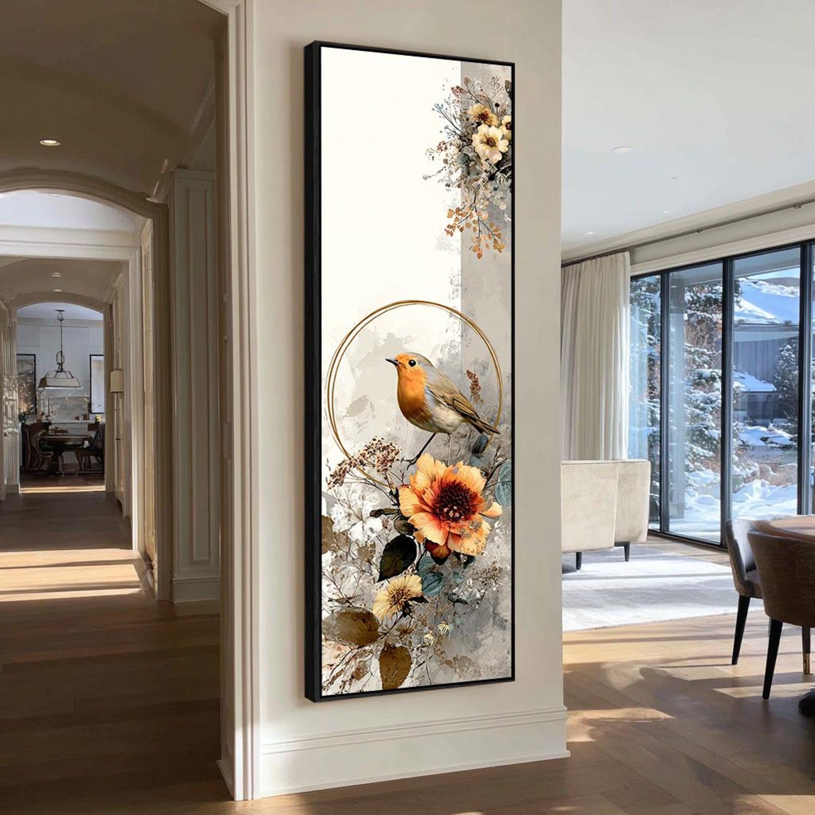 YUSUZHU Vertical Bird Painting - Tall Bird Artwork - Tall Narrow Bird Wall Art - Branch Canvas - Large Animals Canvas Prints(35x105cm/Frameless)