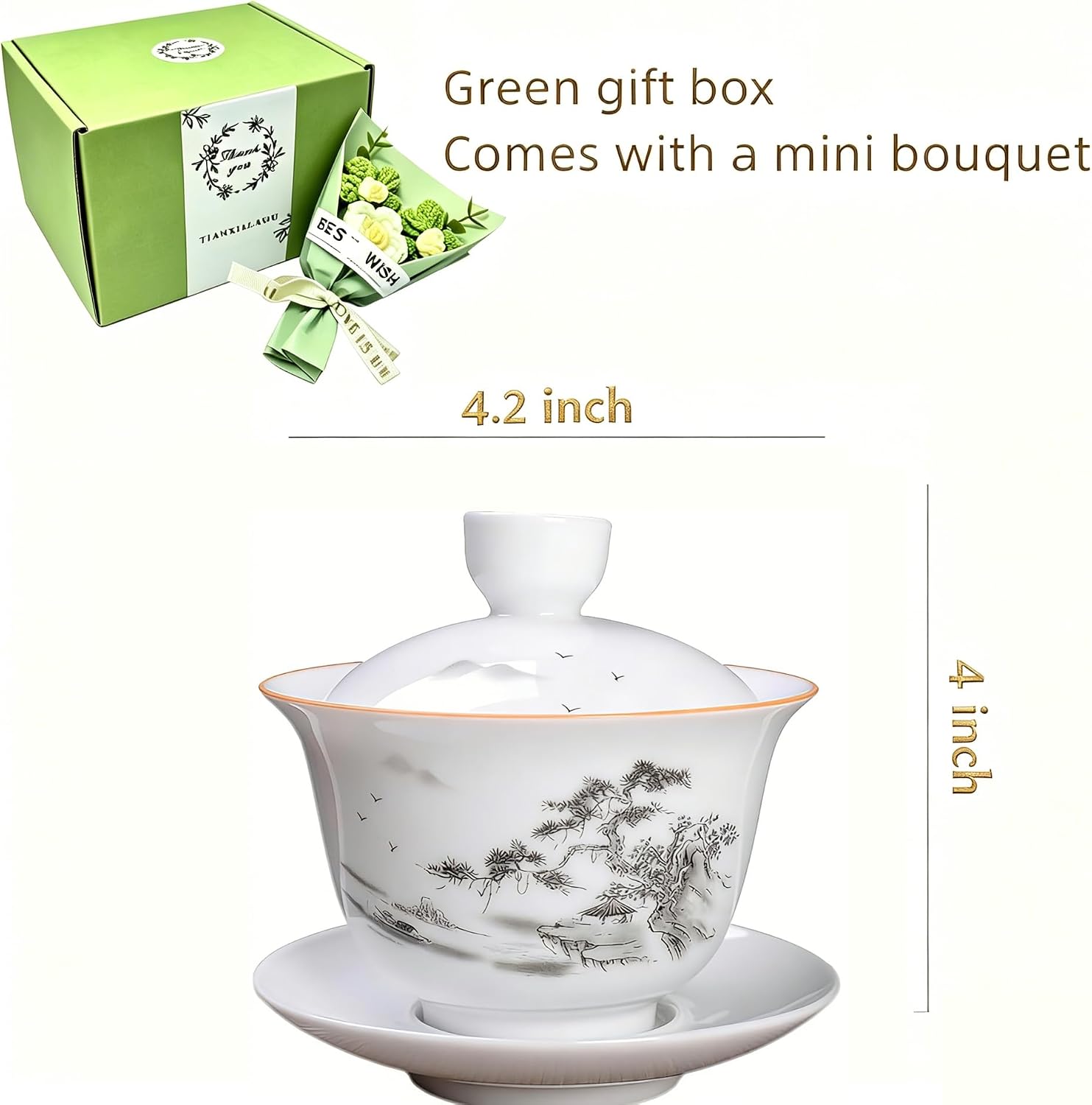 Jingdezhen Chinese Porcelain Gaiwan Handmade 5.07oz/150ml Kungfu Teacup White Glazed Tureen Chinese Sancai Cover Bowl Lip Cup Saucer Set Traditional Teaware Tea Set (Scenery)