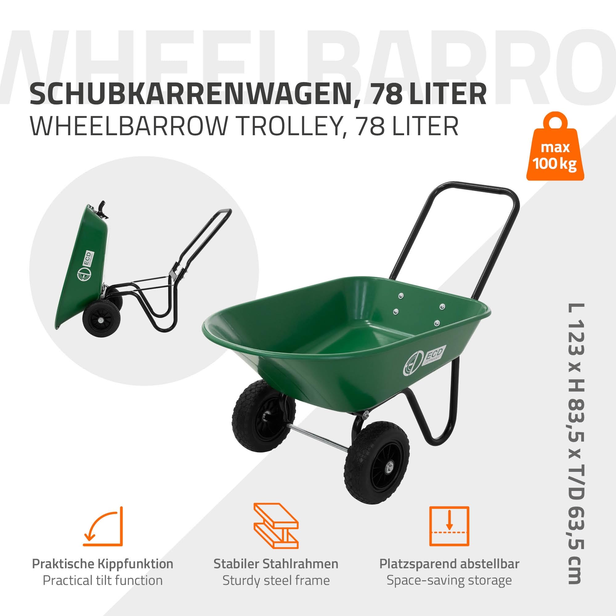 ECD Germany Schubkarrenwagen 78L, Gartenkarre mit Kippfunktion, Bauschubkarre mit Stahlrahmen, 2x PU-Reifen & PP-Wanne, 100 kg Tragkraft, Gartenschubkarre, Schiebkarre, Transportkarre für Garten & Hof