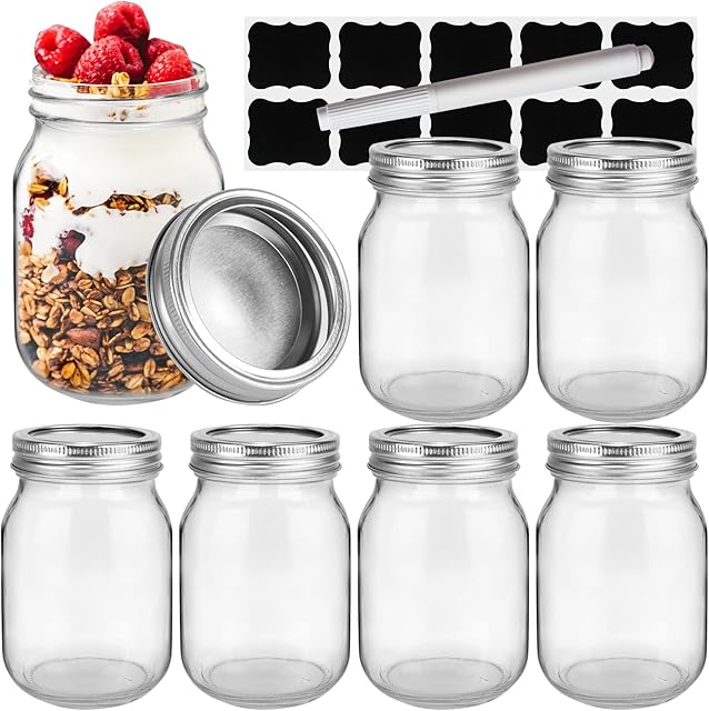 16 oz Glass Mason Jars, 6 Pack 500ml Canning Jars with Regular Mouth Lids, Glass Jars Storage Containers for Overnight Oats, Jam, Jelly, Honey, Beans, Spice, Wedding Party Favor, Shower Favors