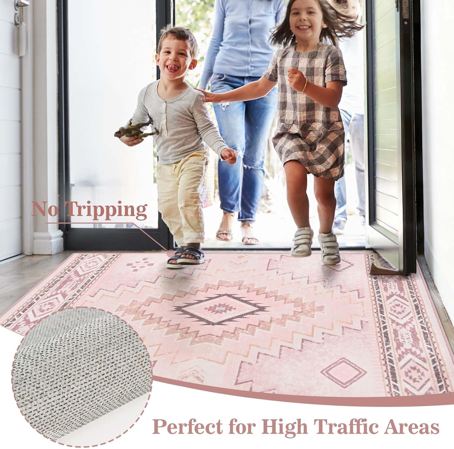 Yinhua Pink Entryway Rug 3x5, Western Washable Rug Low-Pile, Soft Moroccan Area Rugs Non-Slip with Rubber Backing, Stain Resistant Non-Shedding Carpet for Bedside Living Room