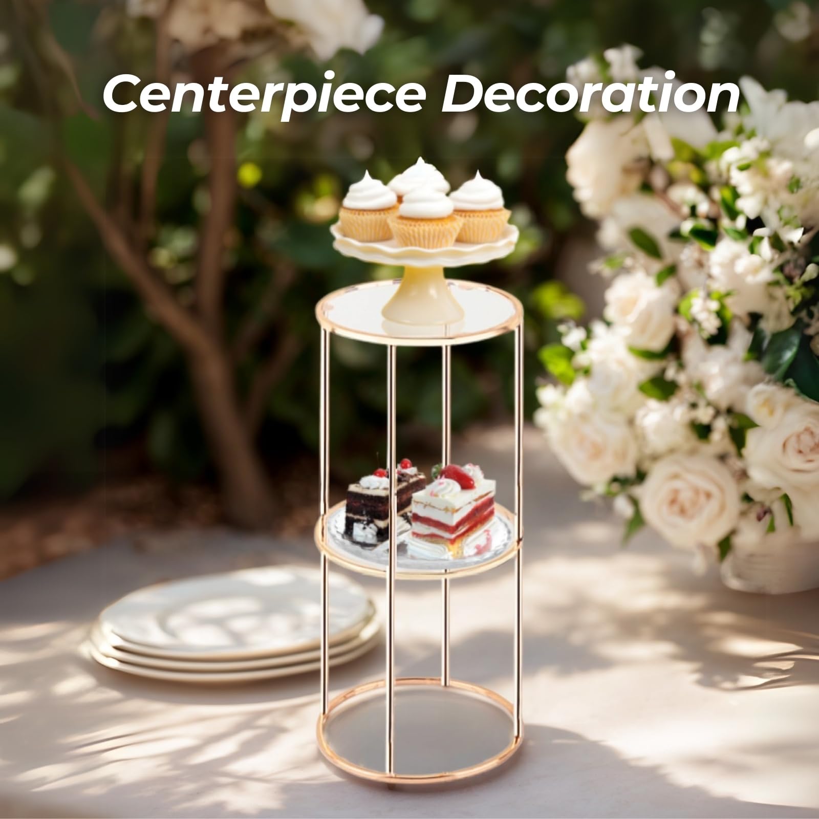 2 soportes cilíndricos redondos de metal de dos capas para fiestas, pedestal de pasteles, soporte de flores, soporte de exhibición dorado para cumpleaños, boda, sala de estar, patio, telón