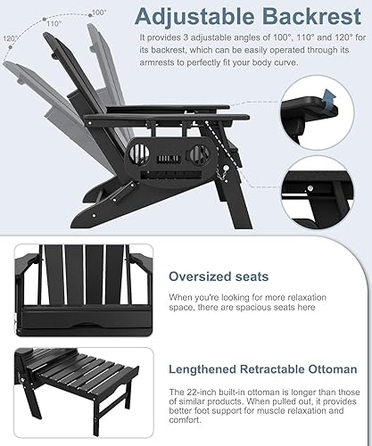 Miniatura 5 de Silla Adirondack ajustable con otomana retráctil, juego de 2, silla Adirondack plegable de polietileno de alta densidad con soporte para tazas