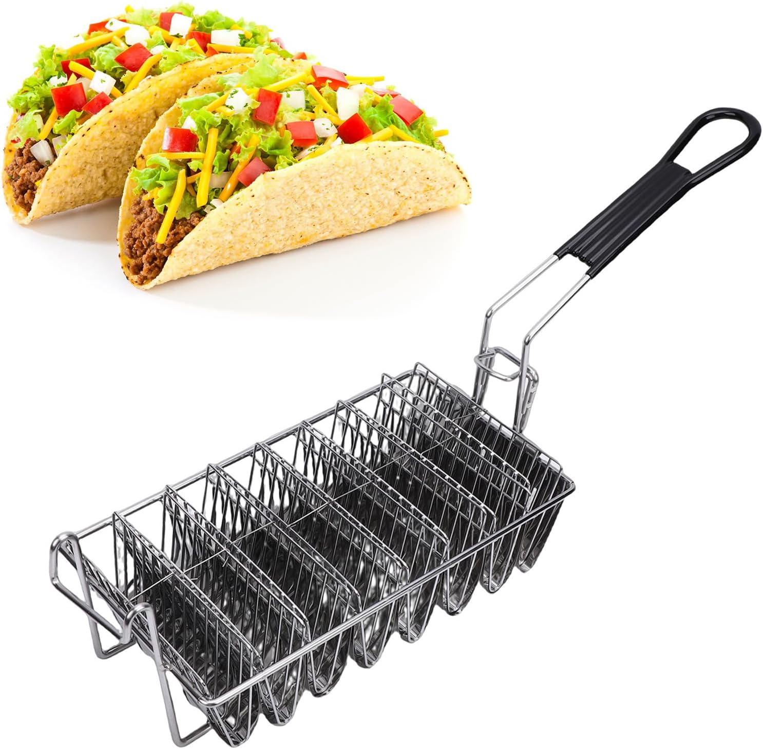 AUNMAS Taco Fryer Basket, 8 Shells Stainless Steel V Shaped Compartments Taco Shell Mold with Long Grip Handle for Household or Commercial Use