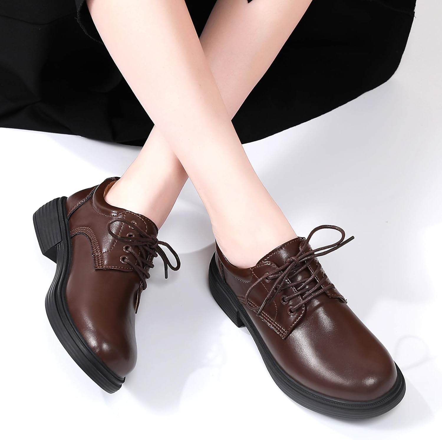 OKJ Oxford Shoes for Women, Black Womens Oxford Shoes Leather Platform Women's Oxfords Comfortable Dressy Slip On, Lace Up Loafers Casual Work Business Dress Office Oxfords Shoes - Image 4