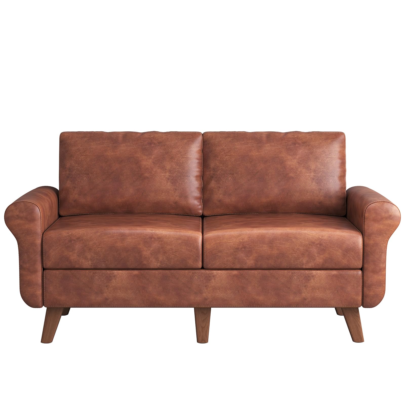 Skokliz 167cm Loveseat Sofa Couch, Mid Century Modern Faux Leather Couch with 2 Pillows, Small 2 Seater Sofa with Solid Wood Legs, Comfy Upholstered Small Couch for Small Space, Bedroom, Living Room
