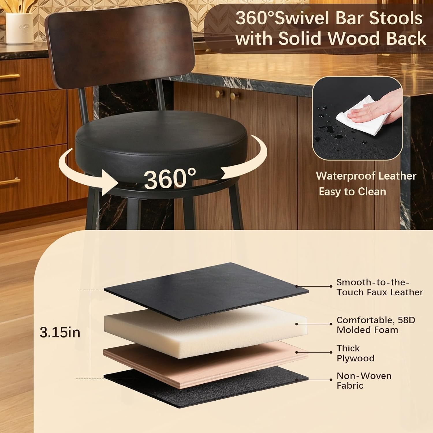 Counter Height Bar Stools Set of 2, 26" Swivel Barstools with Solid Wood Backrest & Metal Legs, Modern Faux Leather Upholstered Bar Chairs, Counter Stools for Kitchen Island, Black