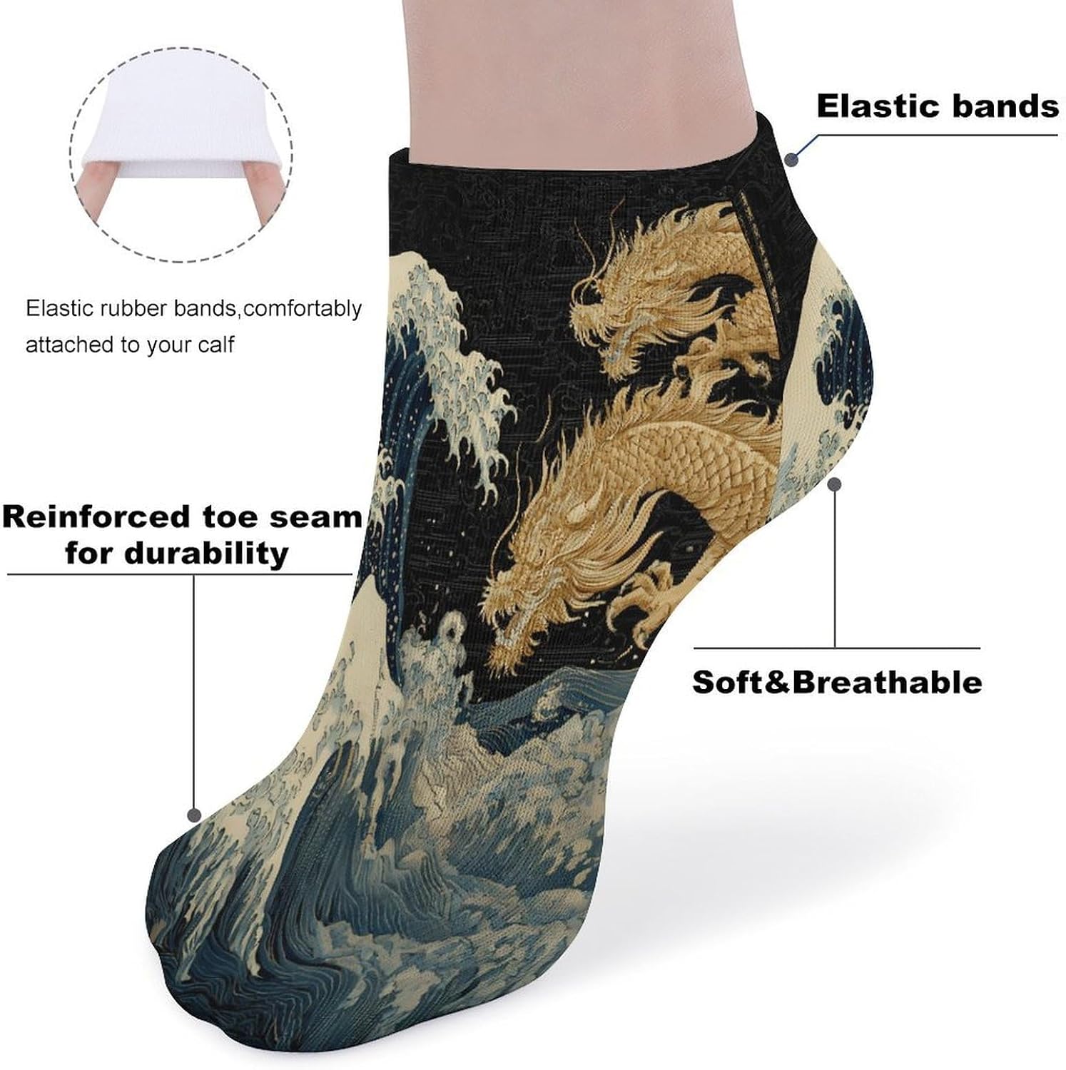 The Great Waves Off Kanagawa Dragon Socks for Men Women 5 Pairs Ankle Socks