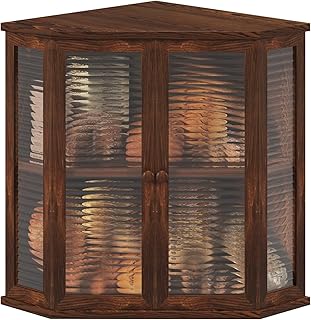 Extra Large Corner Bread Box for Kitchen Countertop, 16.5 Inch Charred Pine 2-Tier Breadbox with Glass Wavy Door Panel, Vintage Farmhouse Style Wood Design