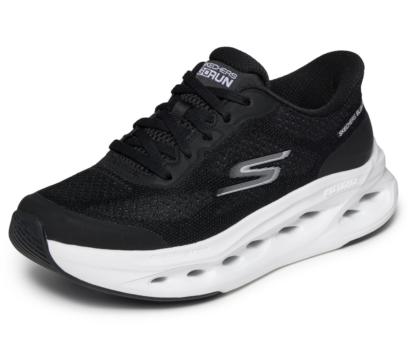 Skechers Women's Max Cushioning Glide-Step Hartford Slip-in Trainers, Black Textile/White Trim, 6 UK