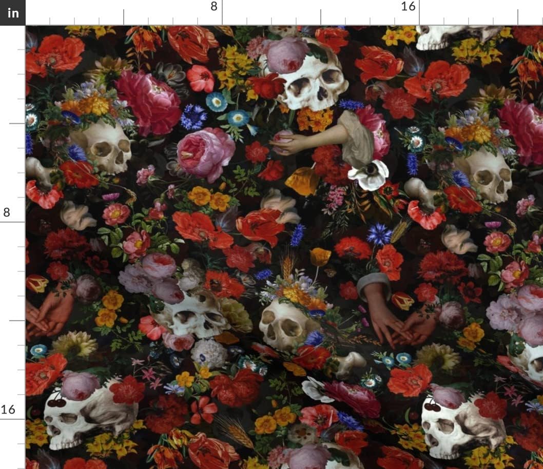 Spoonflower Fabric - Skulls Antique Flowers Vintage Gothic Romance Black Victorian Printed on Petal Signature Cotton Fabric Fat Quarter - Sewing Quilting Apparel Crafts Decor