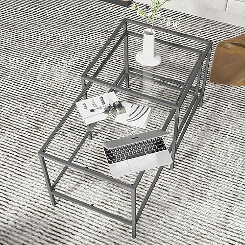Miniatura 5 de DEKOPRATIK - SEVAY 2 juegos de mesa auxiliar de cristal, mesa auxiliar rectangular cuadrada negra, mesa central simple y moderna para sala de estar,