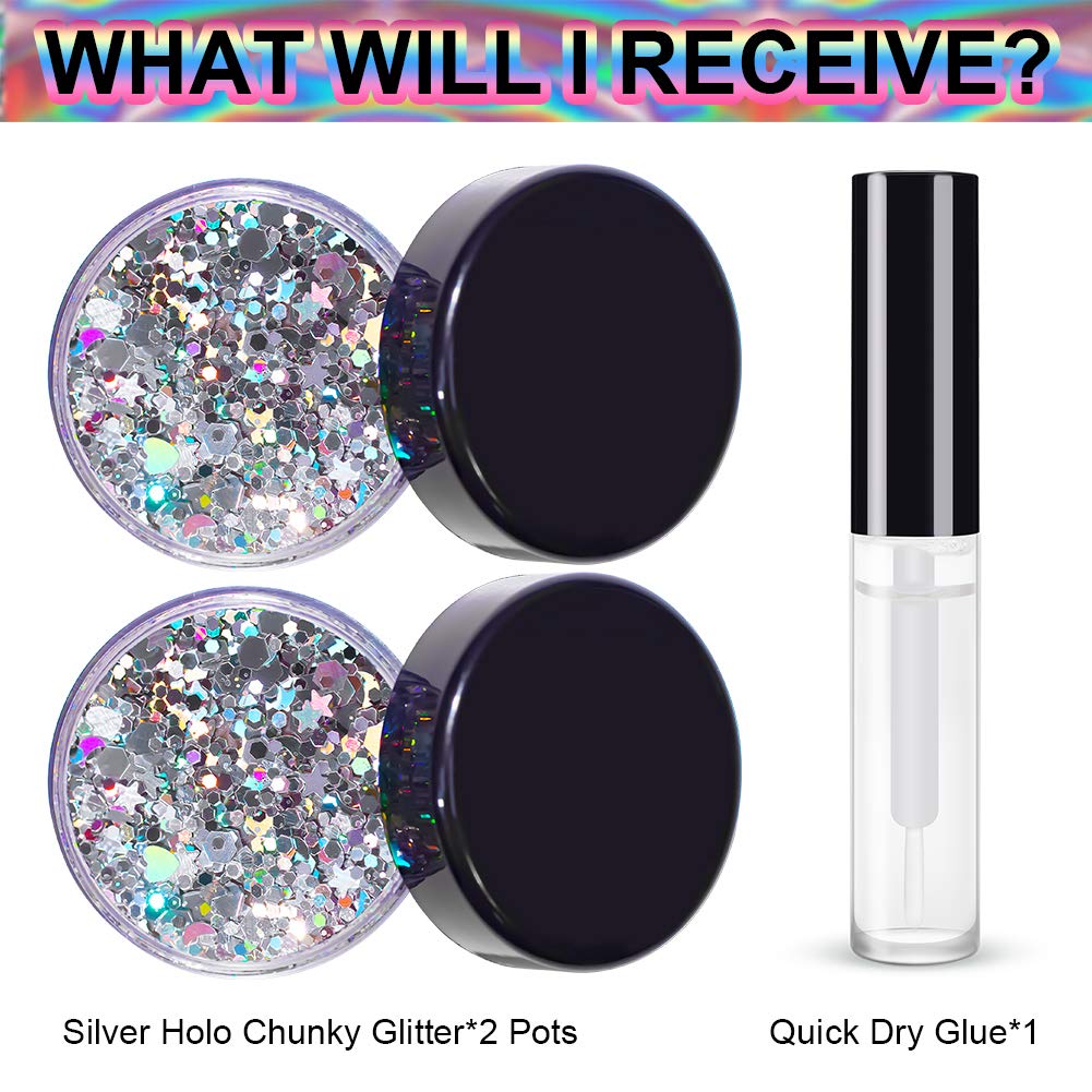 Silver Holographic Chunky Cosmetic Glitter Body Hair Face Eye Nail for Festival Carnival Concert Party Beauty Rave Accessories Different Sizes&Shapes ✮14g + Quick Dry Primer Glue Gel(5ml) : Beauty & Personal Care