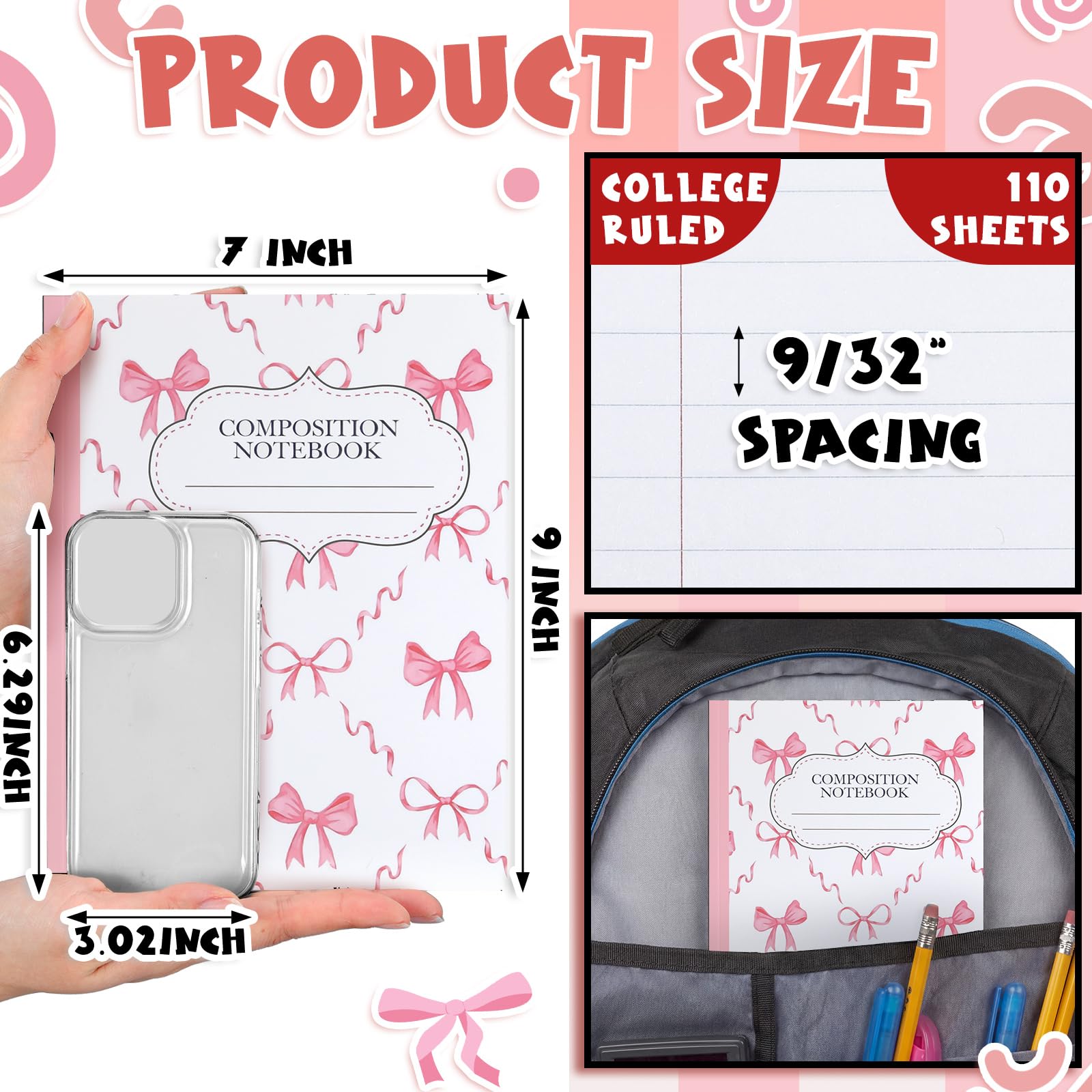 Fullhawl Confezione da 6 quaderni per composizione universitaria a righe sfuse con fiocco rosa per composizione estetico preppy per il rientro a scuola, 110 pagine 24,5 x 19,5 cm, grazioso diario di