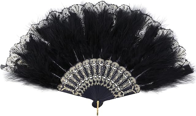 Mwoot Embroidered Flower Marabou Feather Fan, 1920s Vintage Style Folding Handheld Feather Fan, Flapper Hand Fan for Costume Halloween Dancing Wedding Party Prom Tea Party - Black