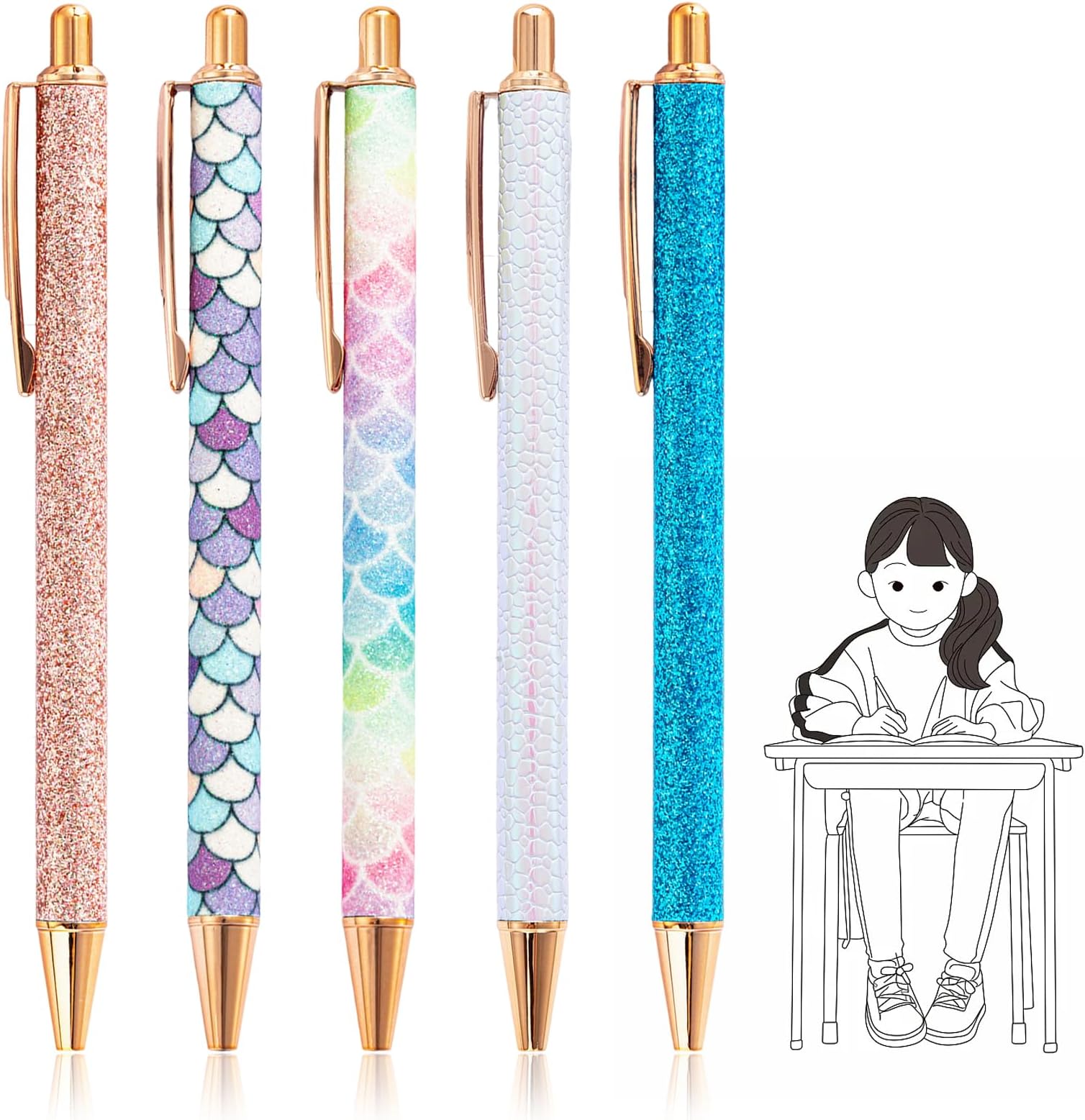 Ormromra 5 Pcs Ballpoint Pens, Retractable Ballpoint Pens Cute Glitter, Design A Truly Unique Present, Cute Pens Office Supplies for Women, Men