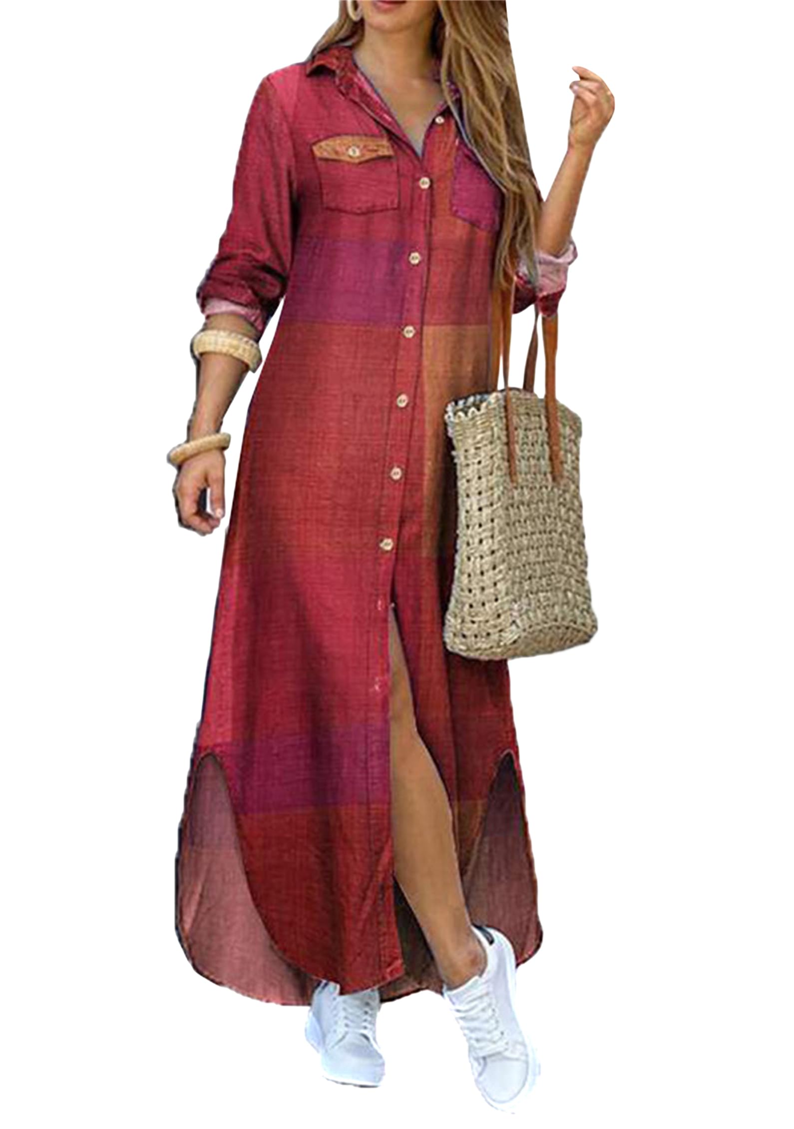 DIACACY Women's Casual Lapel Collar Floral Print Maxi Dresses Side Slit Long Sleeves Loose Slim Shirt Dresses