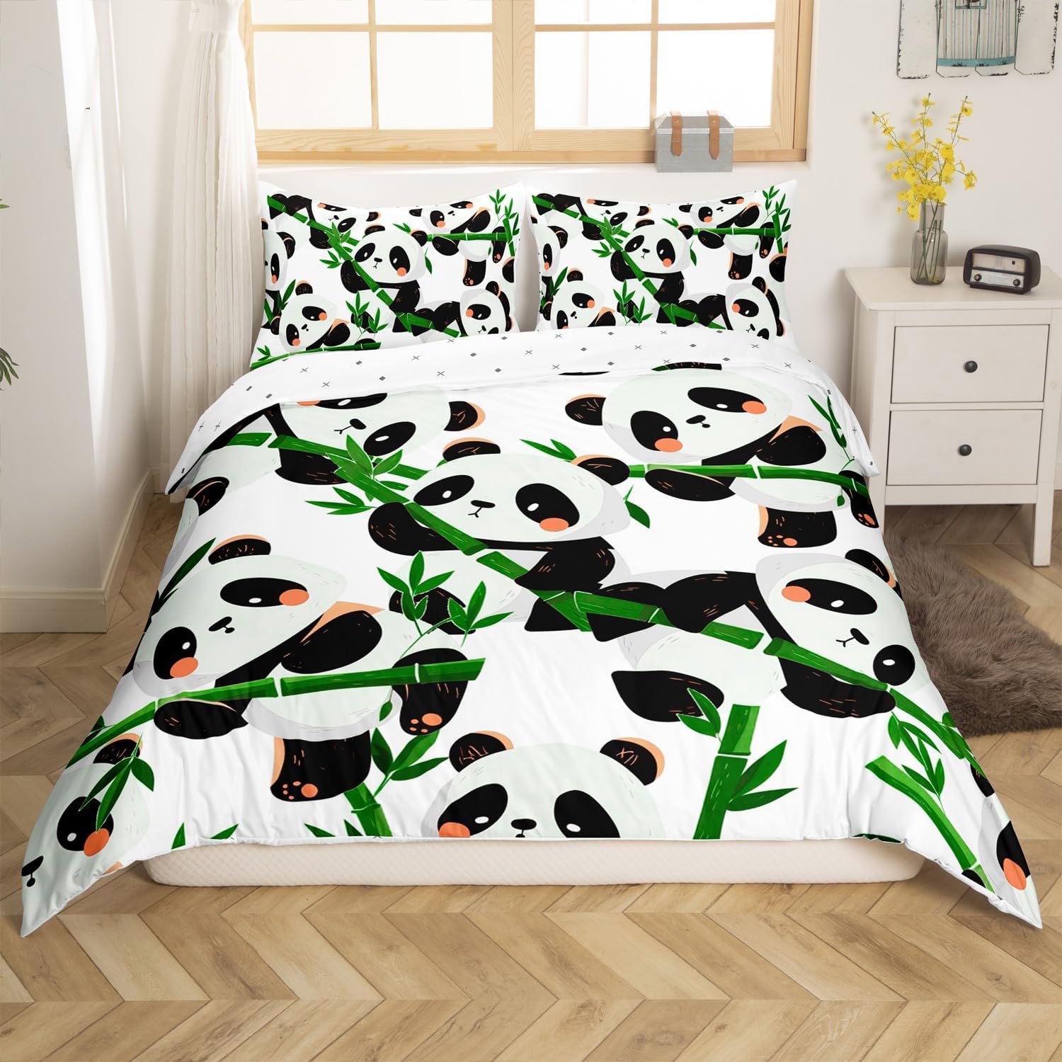 Kids Cartoon Panda Bedding Set Cute Animal Duvet Cover for Boys Bedroom Decor Kawaii Panda Comforter Cover Set Green Banboo Panda Bear Printed White Bedspread Cover Queen Size With 2 Pillow Case