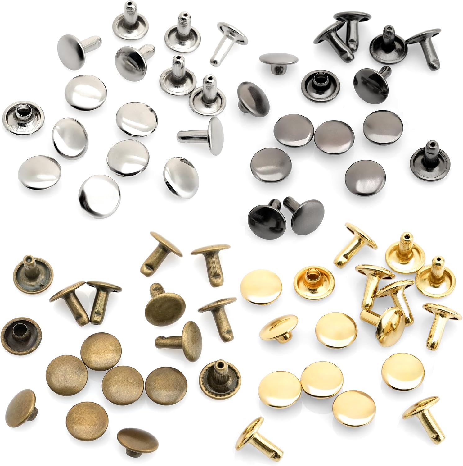 CRAFTMEMORE 9mm Cap x 12mm Post Leather Rivet Double Cap Rivets Tubular Metal Rapid Rivet Studs Leather Craft 50 Sets (12 mm Post, Brushed Brass)